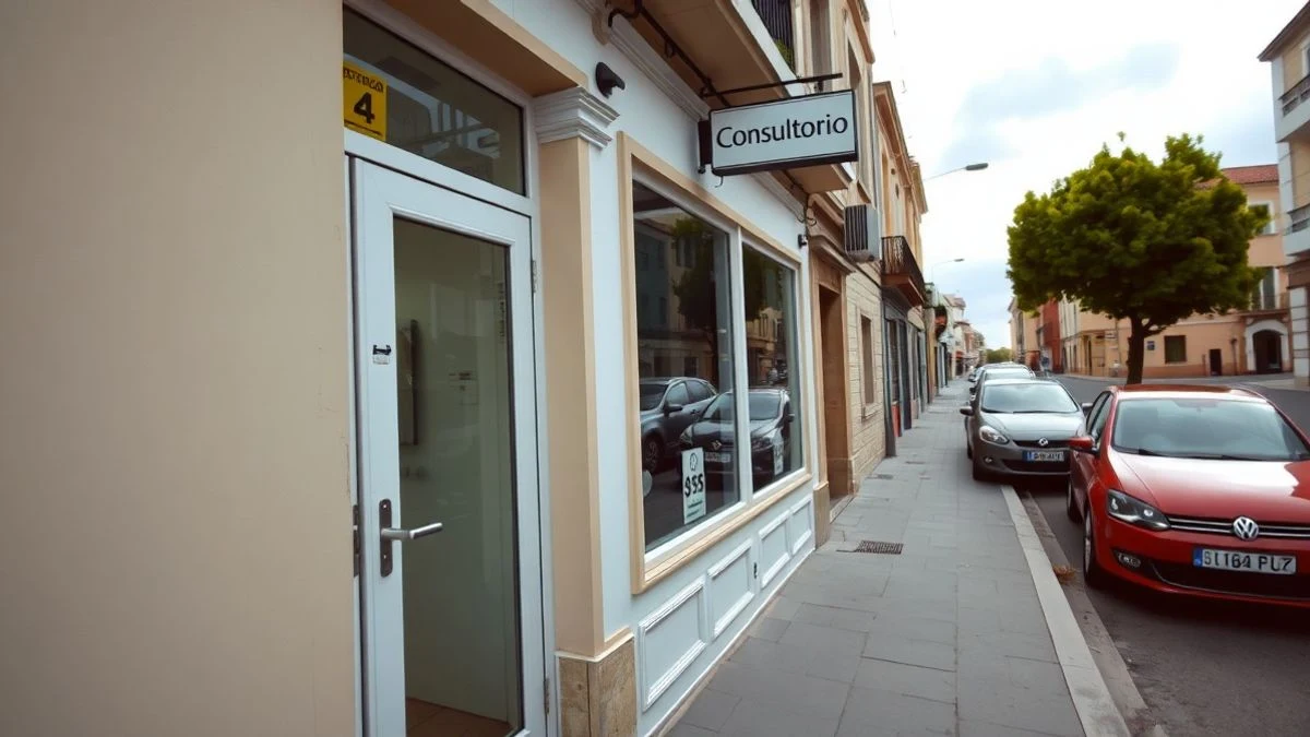 Imagen ilustrativa: fachada de un consultorio médico local en un pueblo, con la puerta de cristal y un cartel genérico