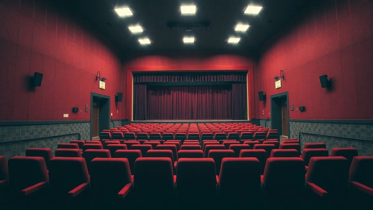 Imagen ilustrativa: interior de un auditorio moderno con butacas rojas y escenario vacío iluminado