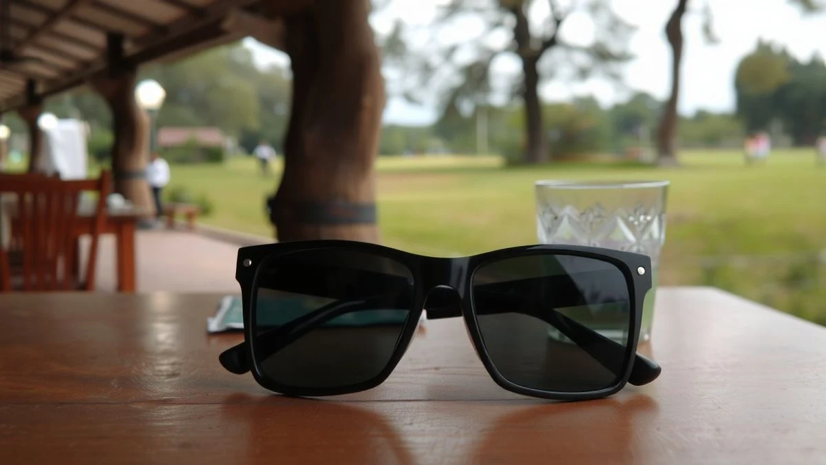 Imagen ilustrativa: gafas de protección solar sobre una mesa de madera, con un fondo de parque desenfocado