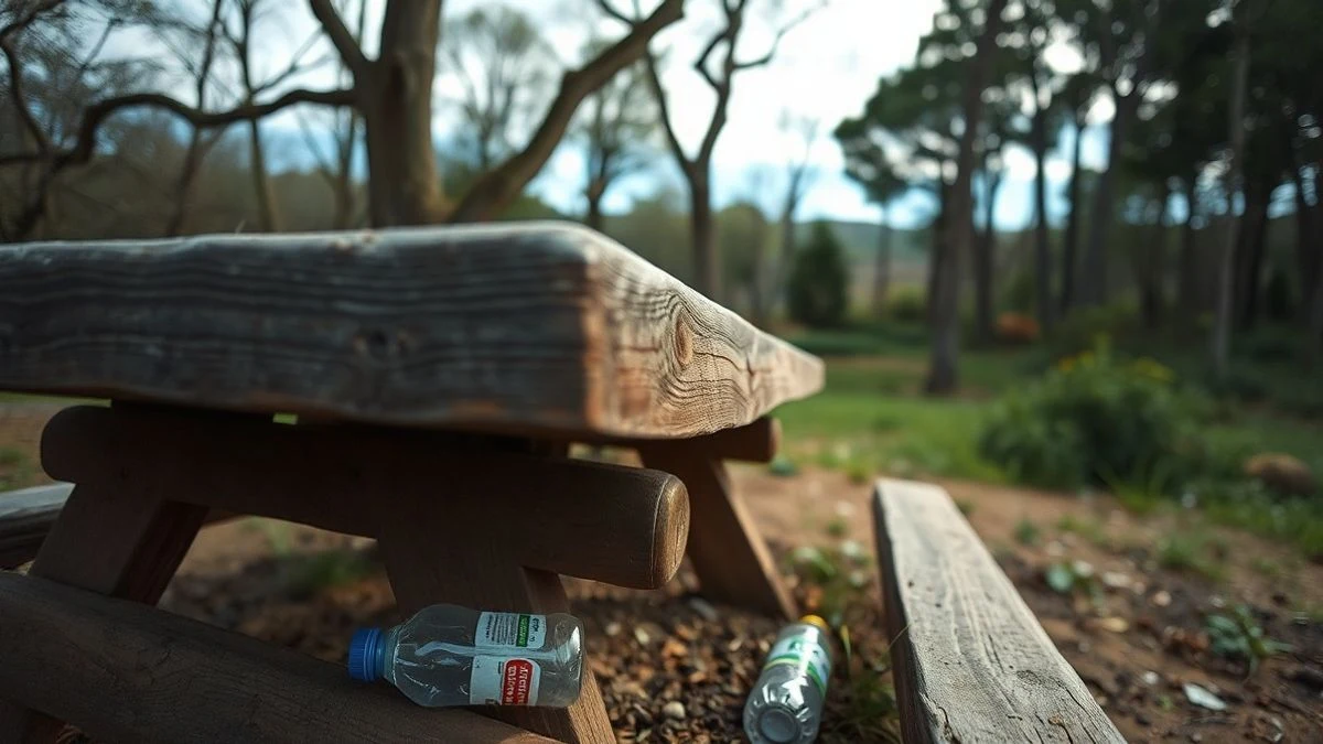 Imagen ilustrativa: mesa de madera con residuos en un parque natural y cielo con eclipse parcial