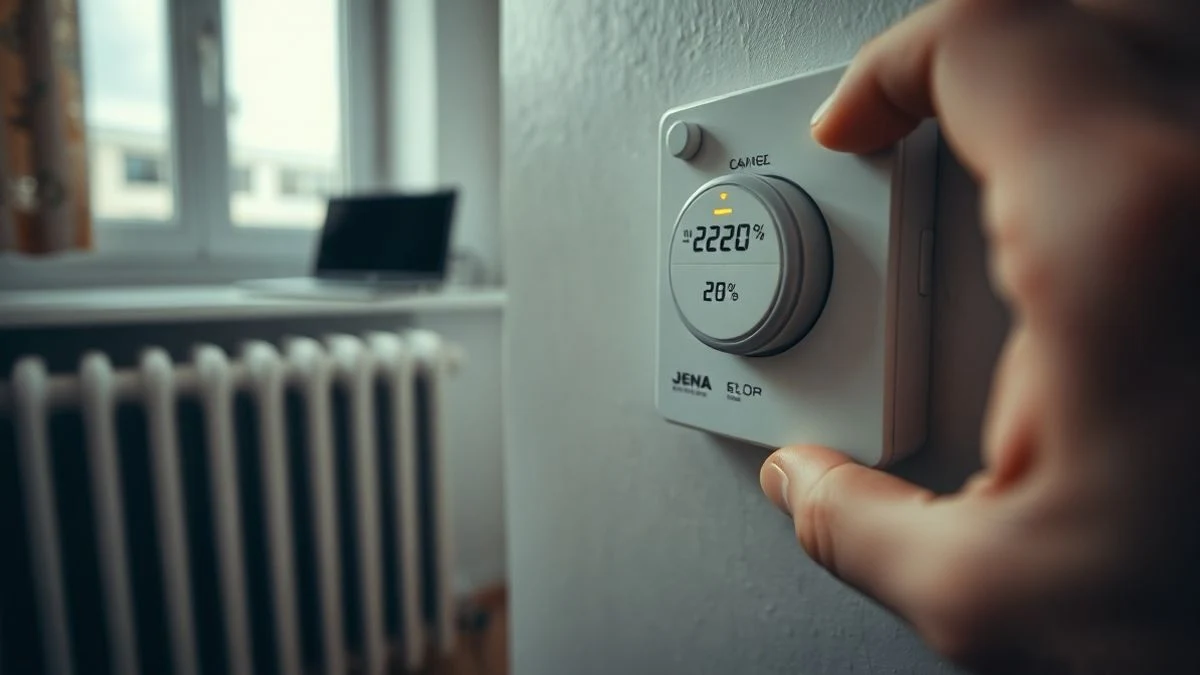 Imagen ilustrativa: primer plano de un contador de electricidad doméstico con una mano ajustando un termostato.