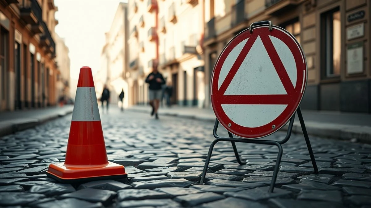 Imagen ilustrativa: cono y señal provisional de obras en una calle adoquinada
