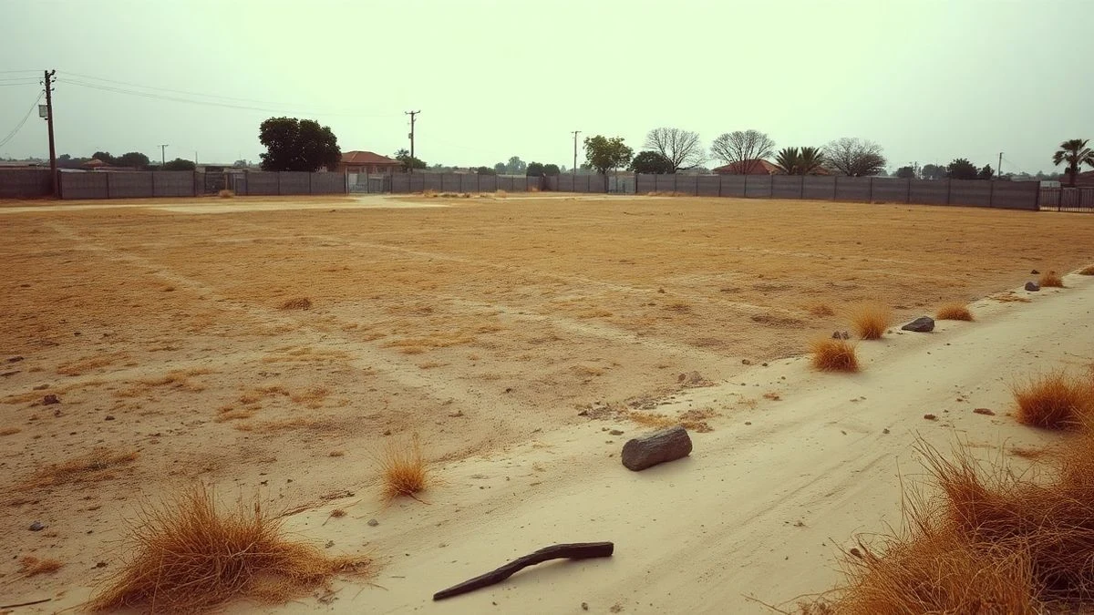 Illustrative image: dry field on the outskirts of a village with yellowing vegetation and a dirt path.