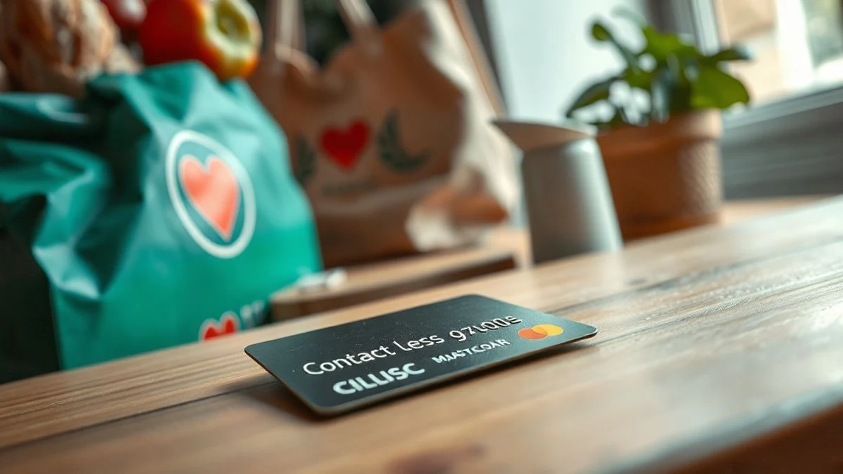 Imagen ilustrativa: una tarjeta de pago sin contacto sobre una mesa junto a una bolsa de la compra con alimentos frescos.