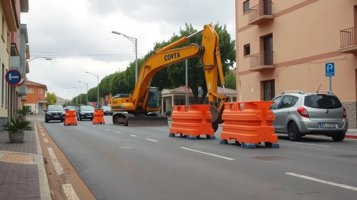 Imagen ilustrativa: calle de un pueblo con obras públicas y una excavadora al fondo