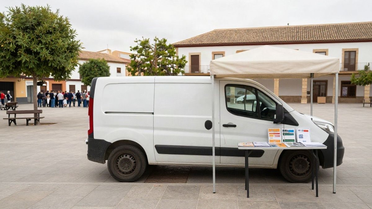 Imagen ilustrativa: furgoneta de oficina móvil de empleo en una plaza española, con mesa y folletos informativos, en un día nublado.