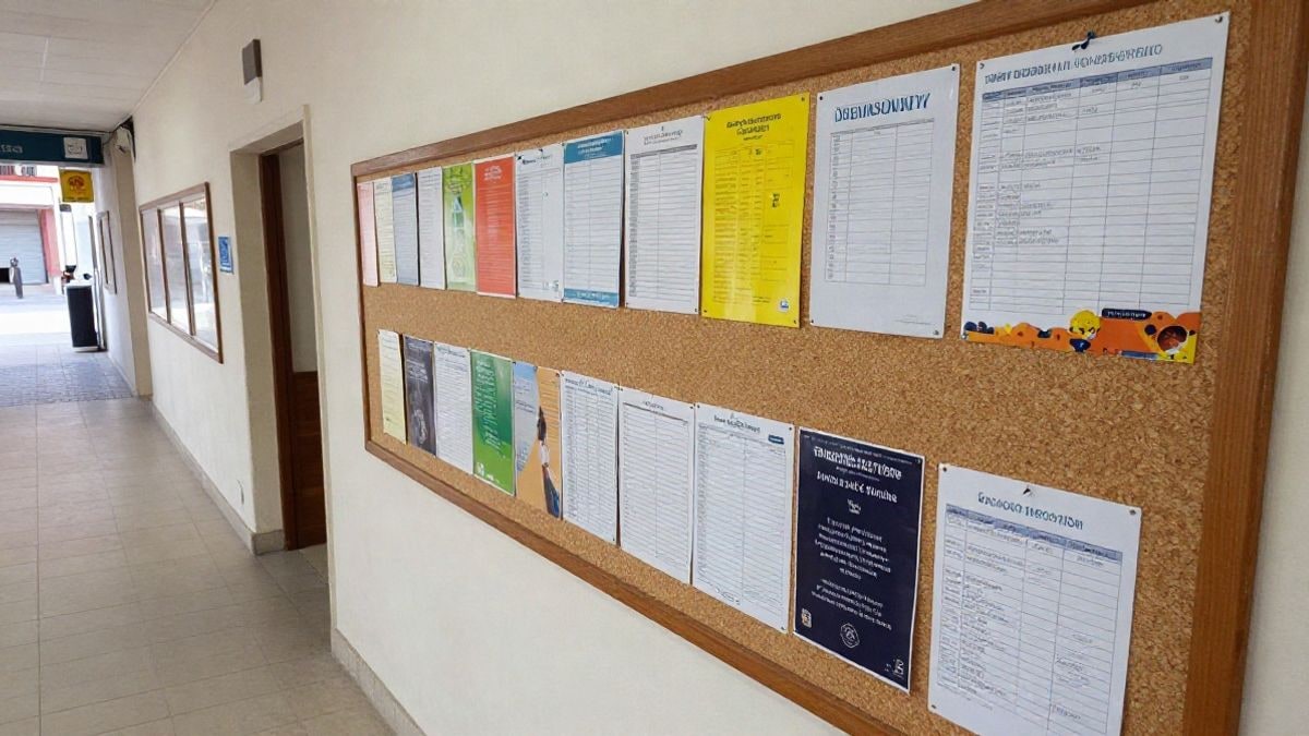 Illustrative image: a notice board with activity flyers in a sports centre, viewed from above.