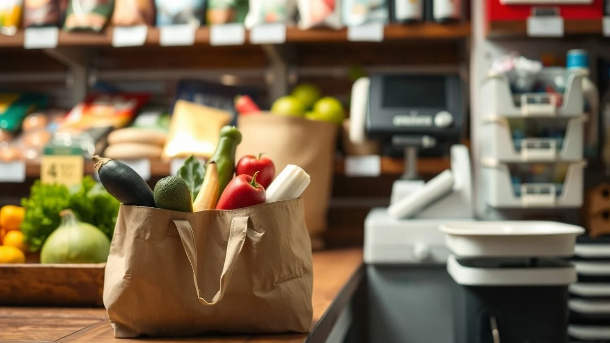 Imagen ilustrativa: una bolsa de compras con productos frescos sobre el mostrador de una tienda local, con estanterías de fondo desenfocadas.