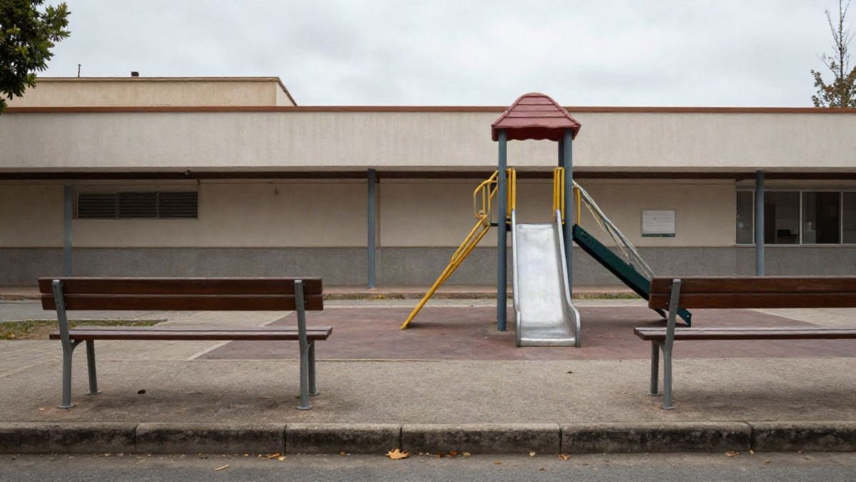 Imagen ilustrativa: patio de un colegio con bancos y un tobogán, sin personas, en una tarde nublada