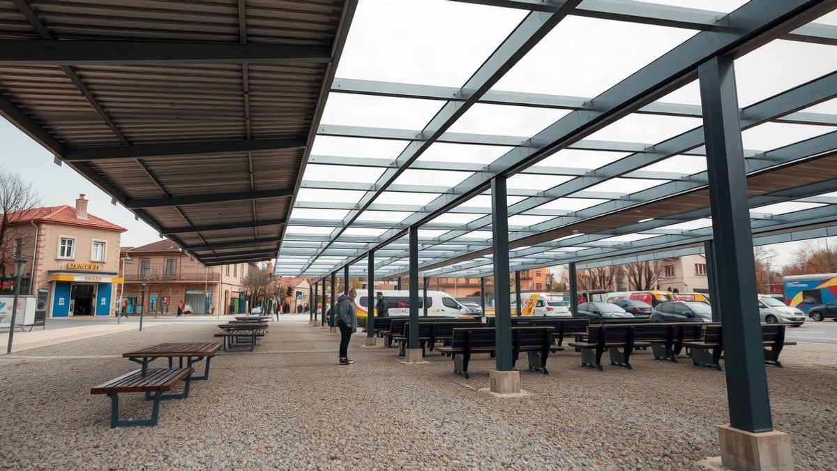 Imagen ilustrativa: pérgola moderna con bancos en un recinto ferial, con suelo de zahorra compactado