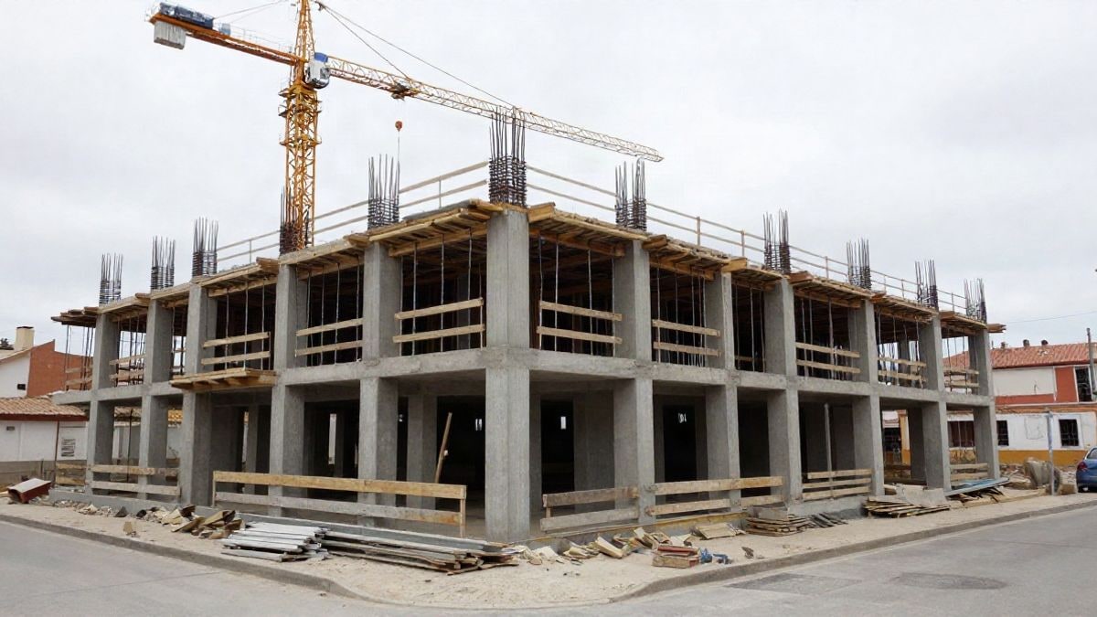 Imagen ilustrativa: obra de un edificio educativo en construcción con grúa y estructura de hormigón.