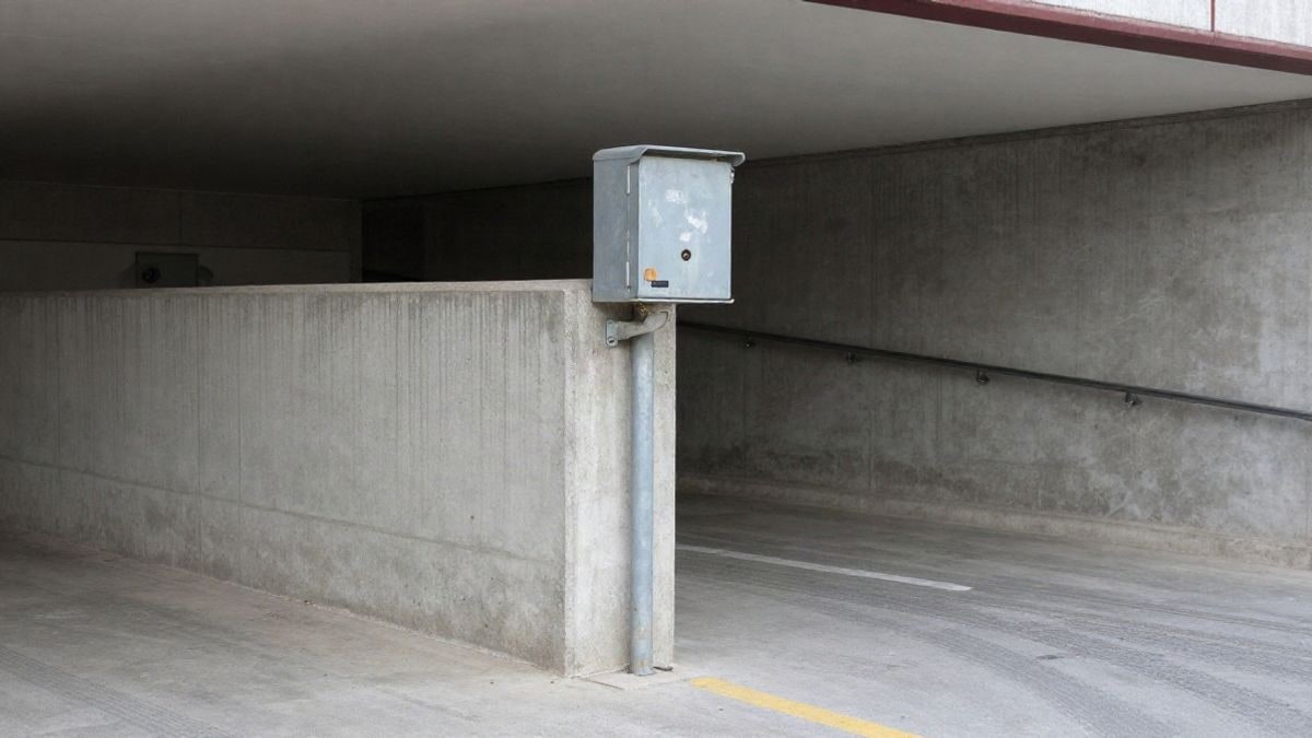 Illustrative image: detail of a metal sensor next to the entrance of an underground car park
