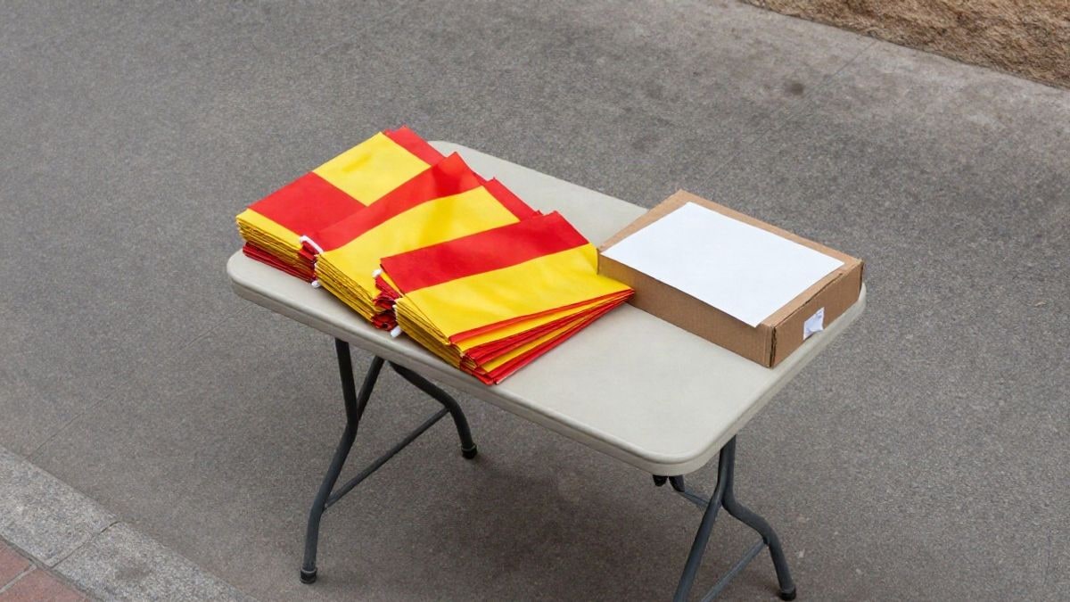 Imagen ilustrativa: vista cenital de una mesa plegable con banderas genéricas en una esquina de calle