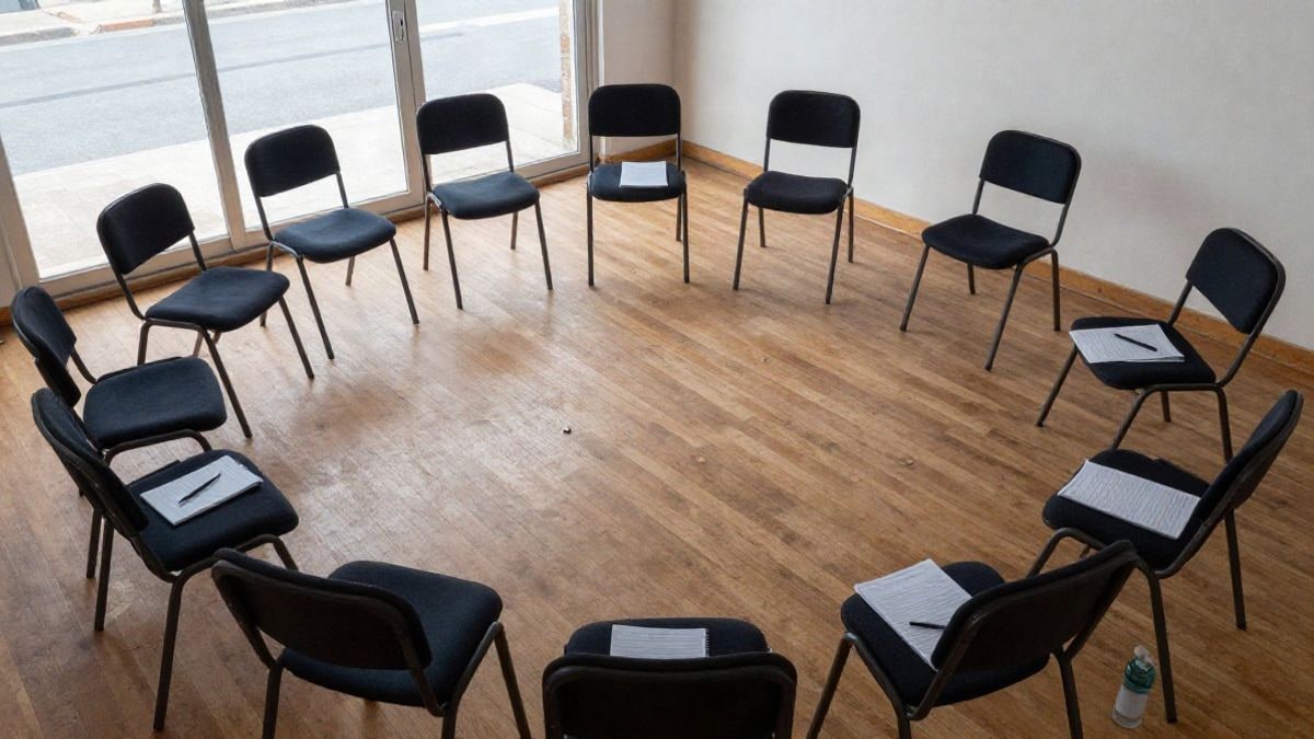 Imagen ilustrativa: vista cenital de sillas dispuestas en círculo en una sala de ensayo con guiones y un cuaderno en el suelo