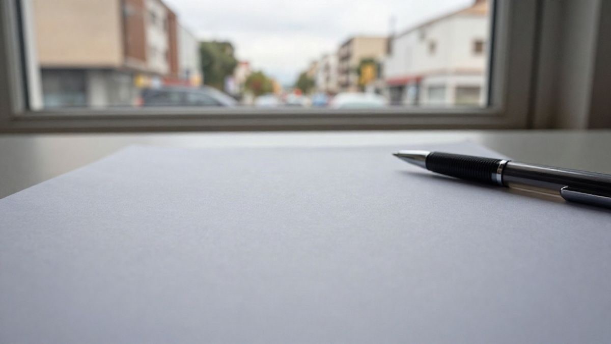 Imagen ilustrativa: primer plano de una hoja en blanco y un bolígrafo sobre una mesa de oficina