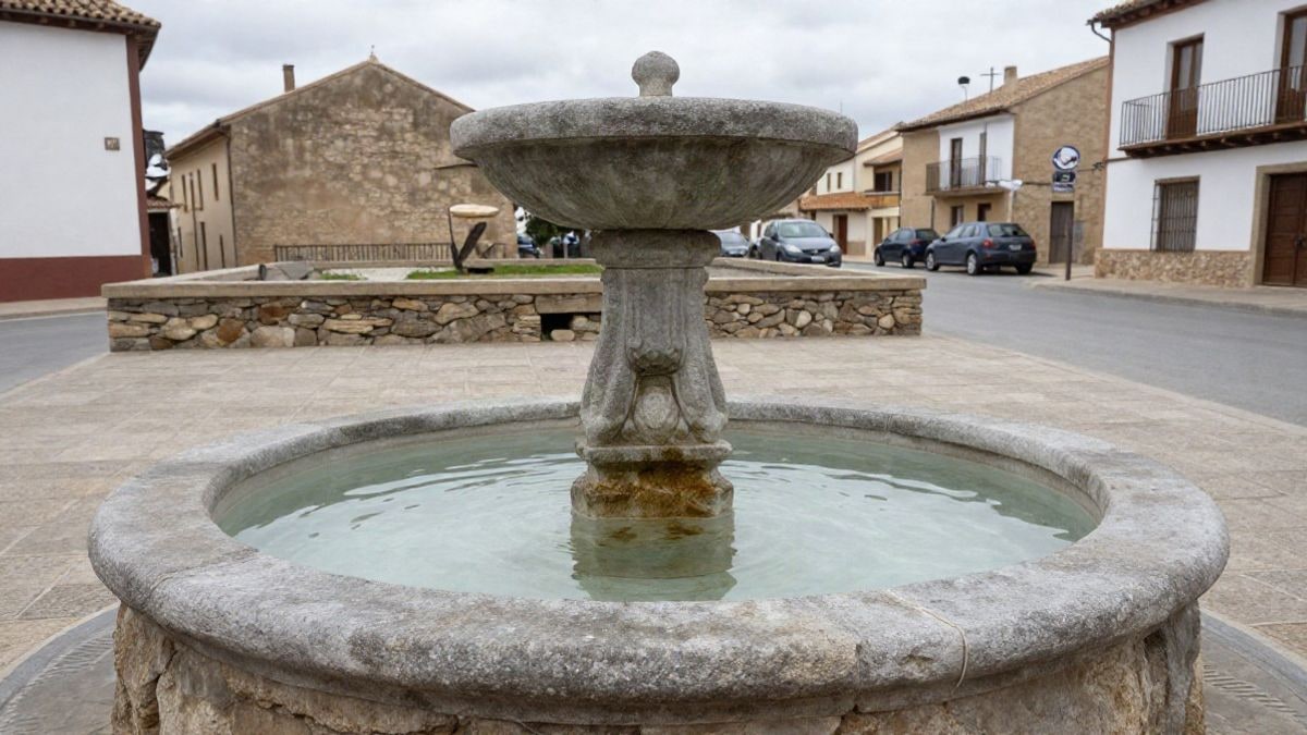 Imagen ilustrativa: fuente de piedra y pilón en una plaza de un pueblo español con luz de día nublado