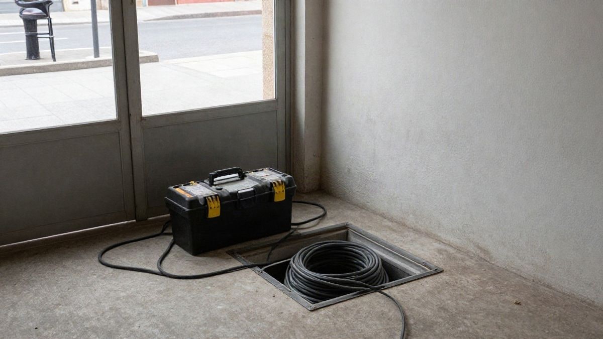 Imagen ilustrativa: caja de herramientas y cable eléctrico junto a una arqueta abierta en una calle