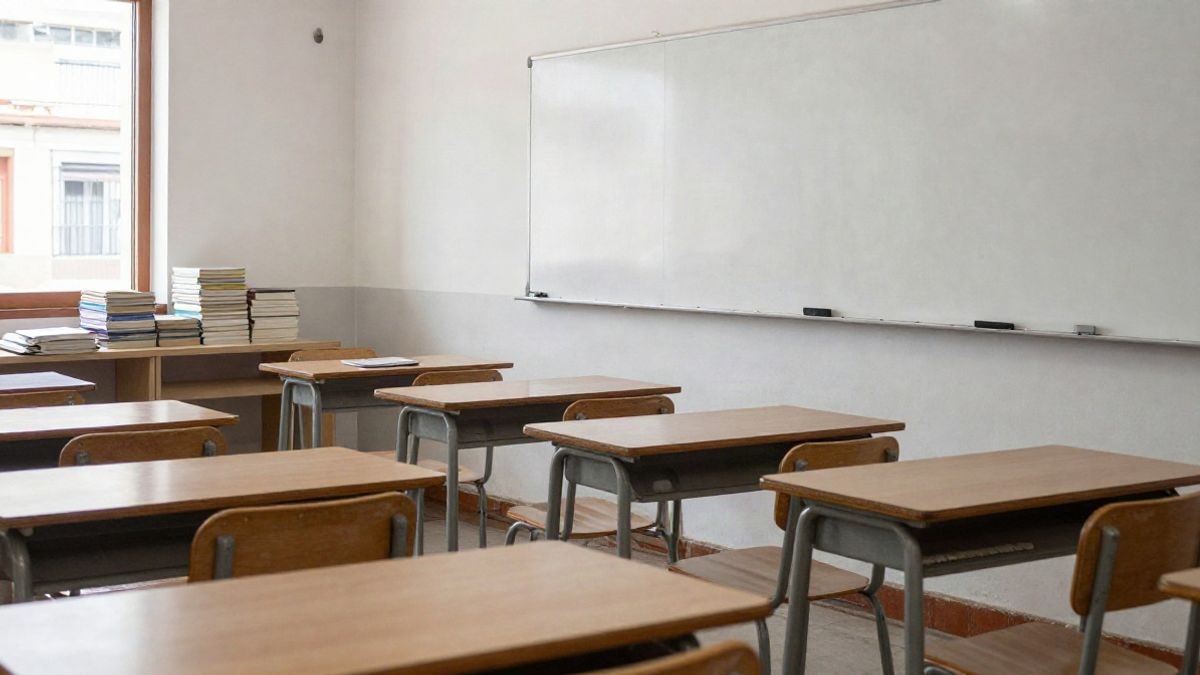 Imagen ilustrativa: aula de educación de adultos con pupitres vacíos y libros sobre una mesa