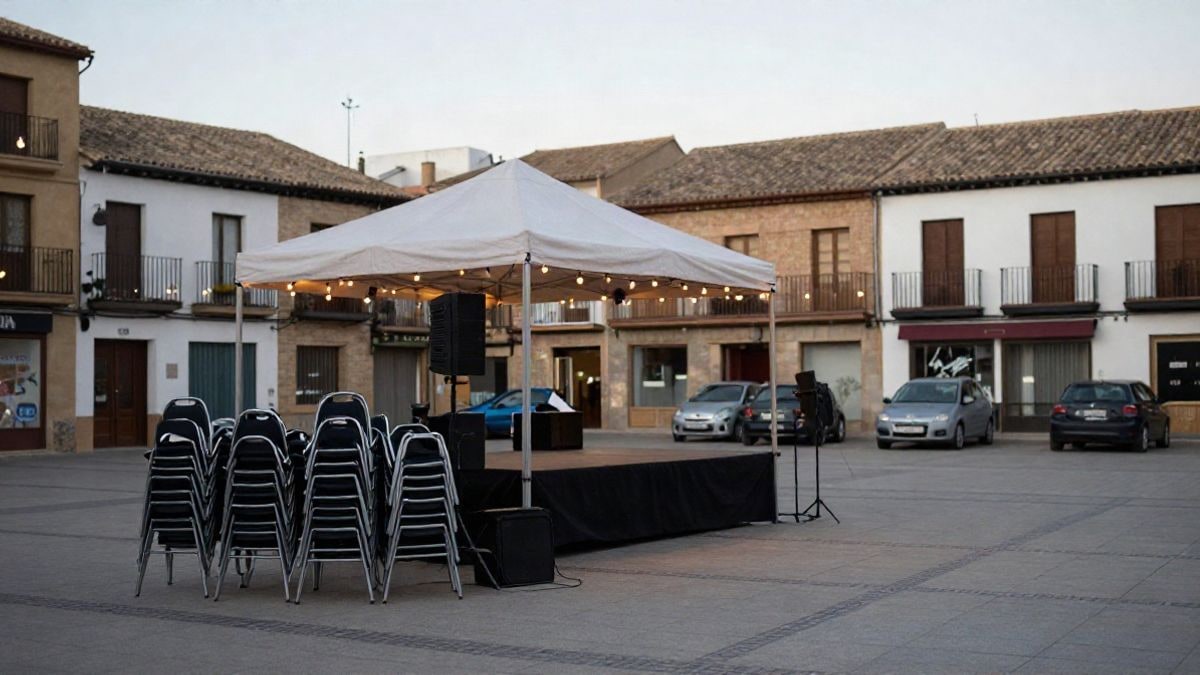 Imagen ilustrativa: carpa de escenario en una plaza de un pueblo con sillas plegadas y luces de fiesta