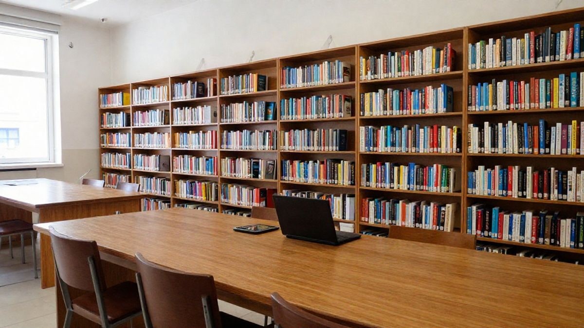 Imagen ilustrativa: interior de una biblioteca pública con mesas, estanterías y un ordenador portátil sobre la mesa