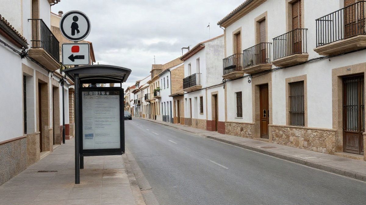 Imagen ilustrativa: parada de autobús en una calle de un municipio español, sin personas ni vehículos