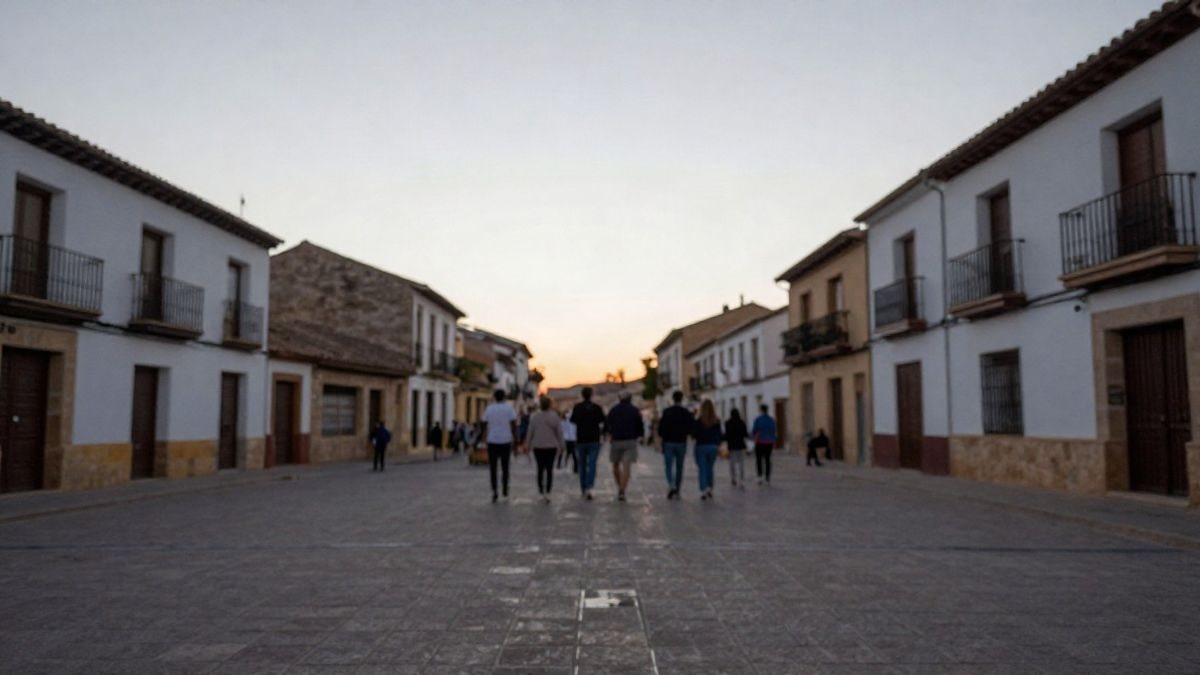 Illustrative image: a village square with runners in the background, viewed from the ground at sunset
