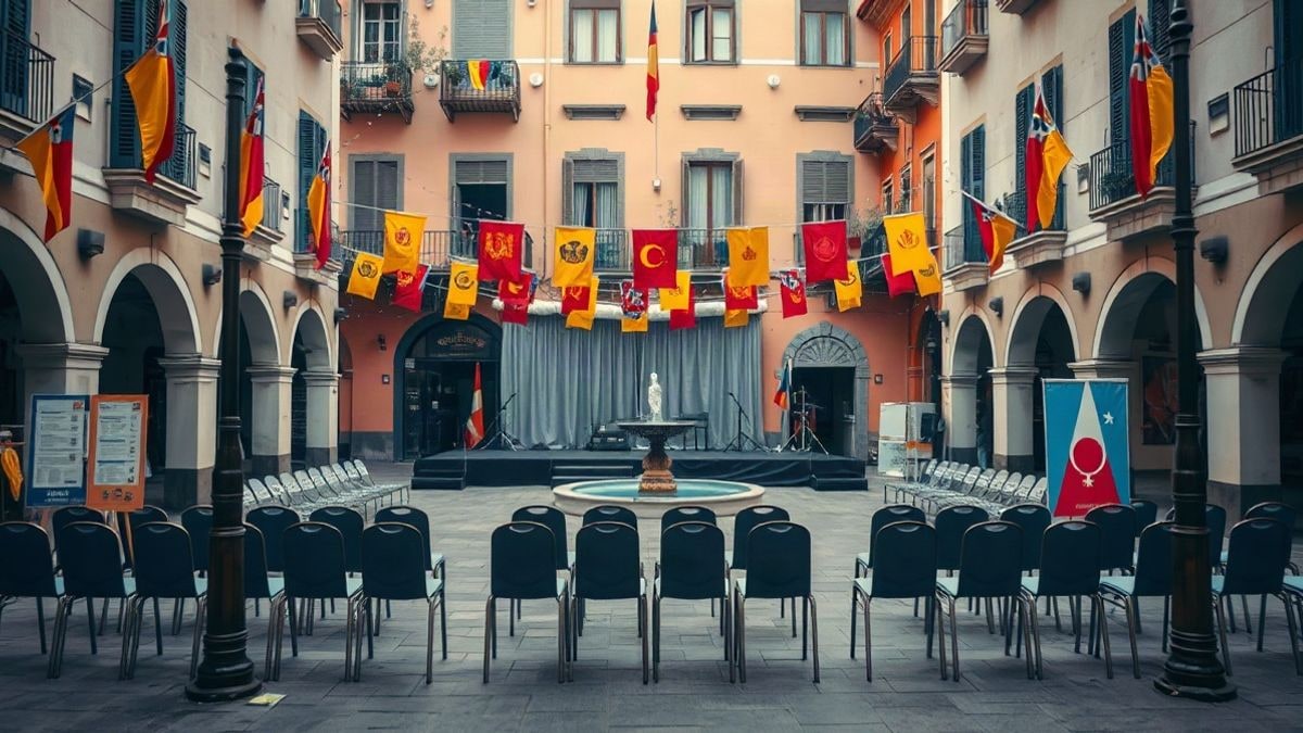 Imagen ilustrativa: plaza española decorada con banderines y un escenario vacío, sin personas
