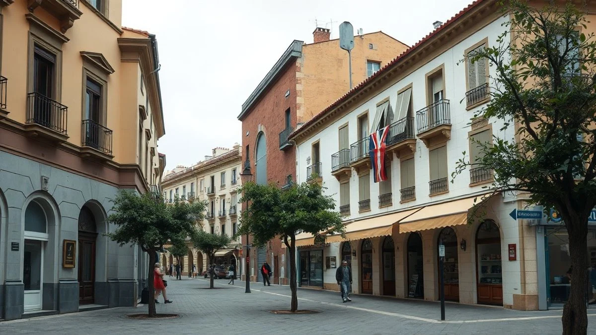 Imagen ilustrativa: calle comercial con toldos y tiendas en un pueblo español, día nublado