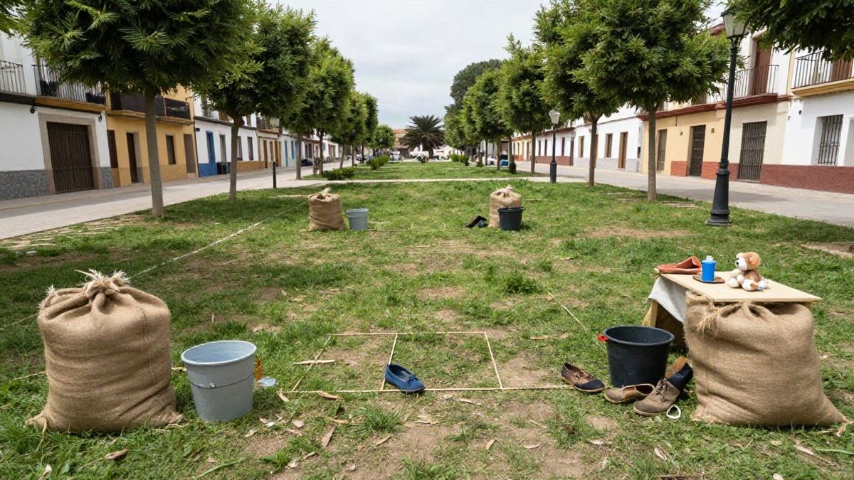 Imagen ilustrativa: un parque con un circuito de pruebas rústicas sobre el césped, con sacos y cubos, sin personas.