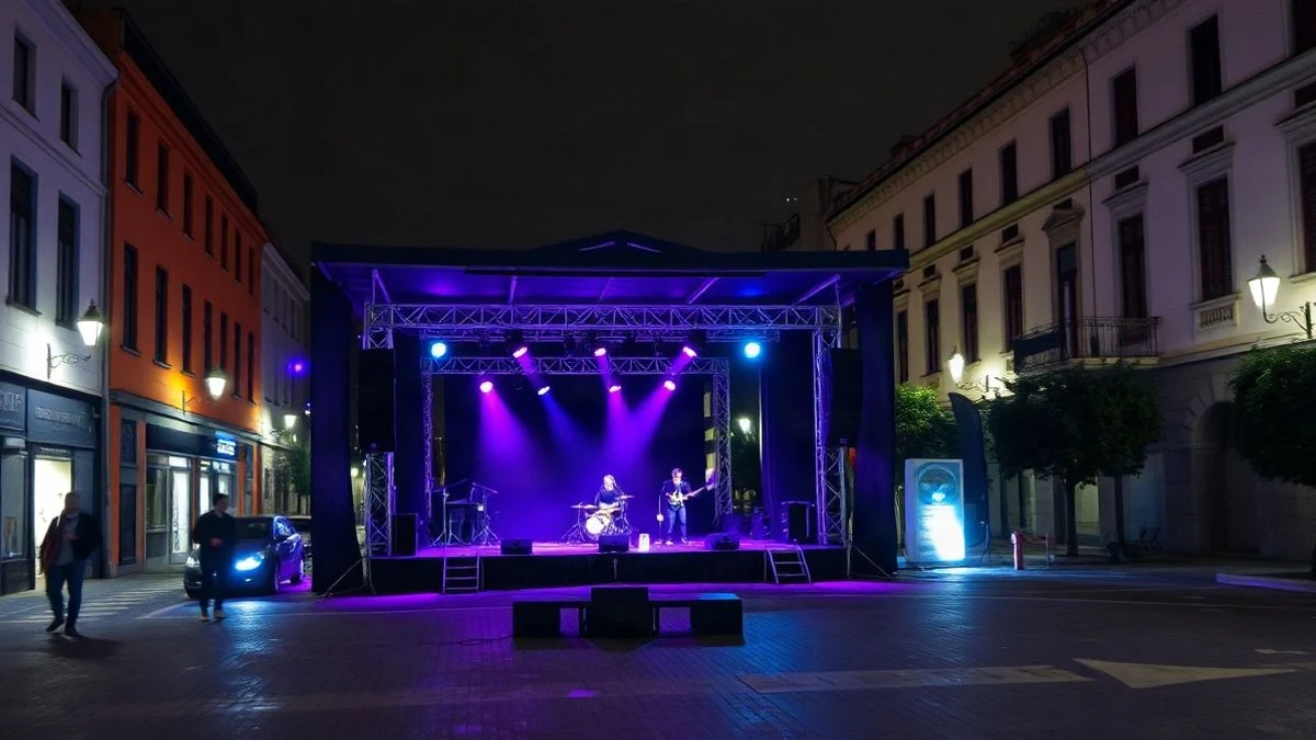 Imagen ilustrativa: escenario al aire libre con luces y público de espaldas en una plaza durante un concierto nocturno