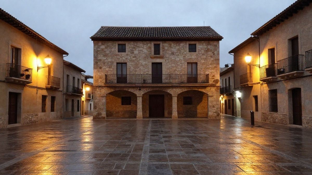 Illustrative image: square of a European municipality at night with lit street lamps and illuminated stone facade
