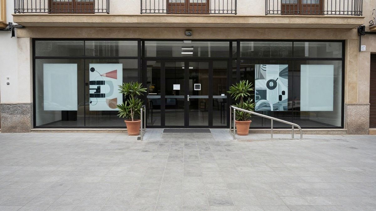Imagen ilustrativa: entrada de un centro cultural municipal con carteles abstractos y rampa de acceso