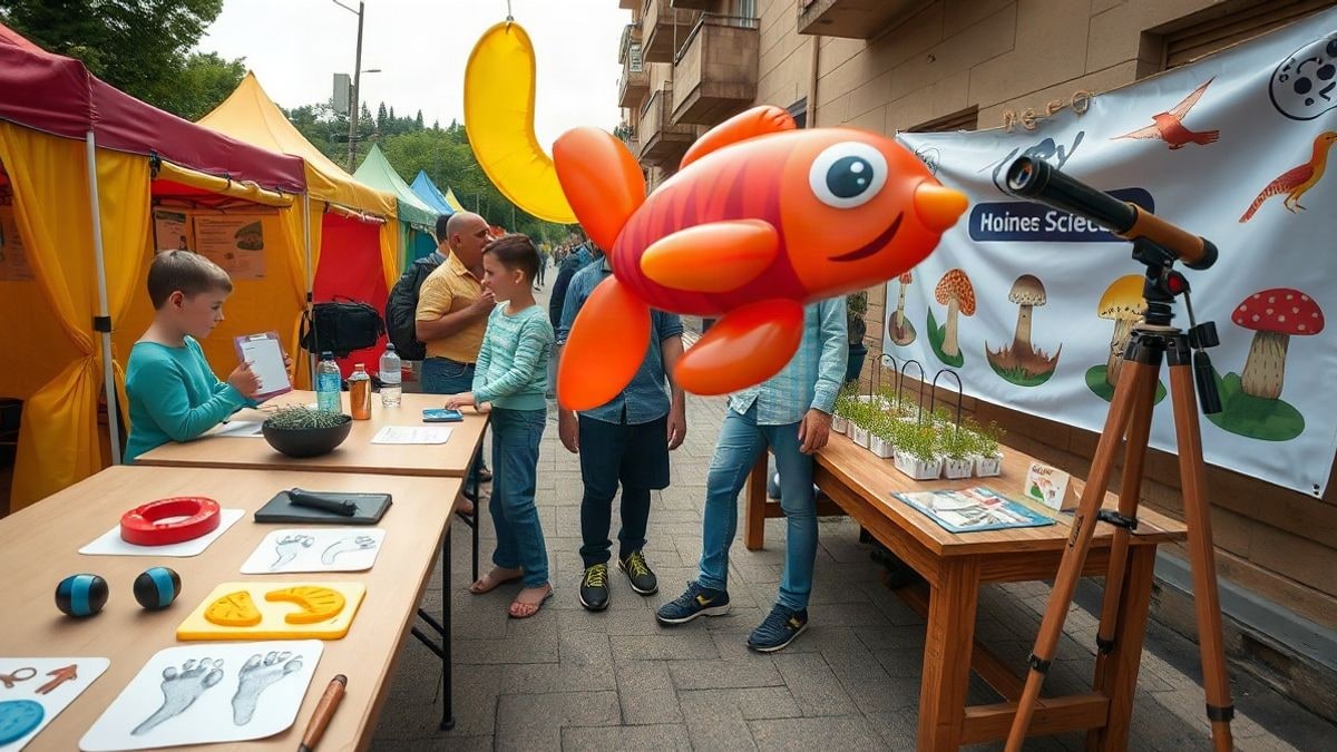 Imagen ilustrativa: una plaza con carpas y mesas de experimentos científicos para niños, con un globo inflable de pez y material de laboratorio.