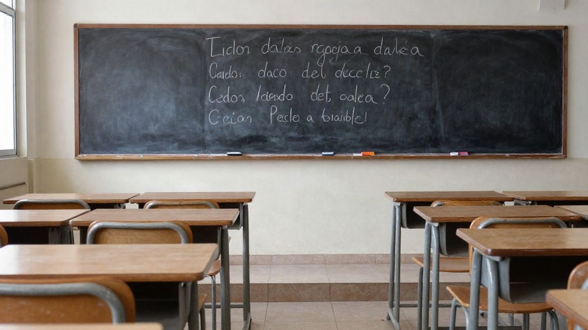 Imagen ilustrativa: un aula vacía con pupitres y una pizarra con anotaciones en español.