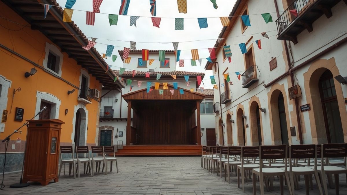 Imagen ilustrativa: plaza de un pueblo español engalanada con banderines de colores y un escenario vacío, con sillas dispuestas para un evento.