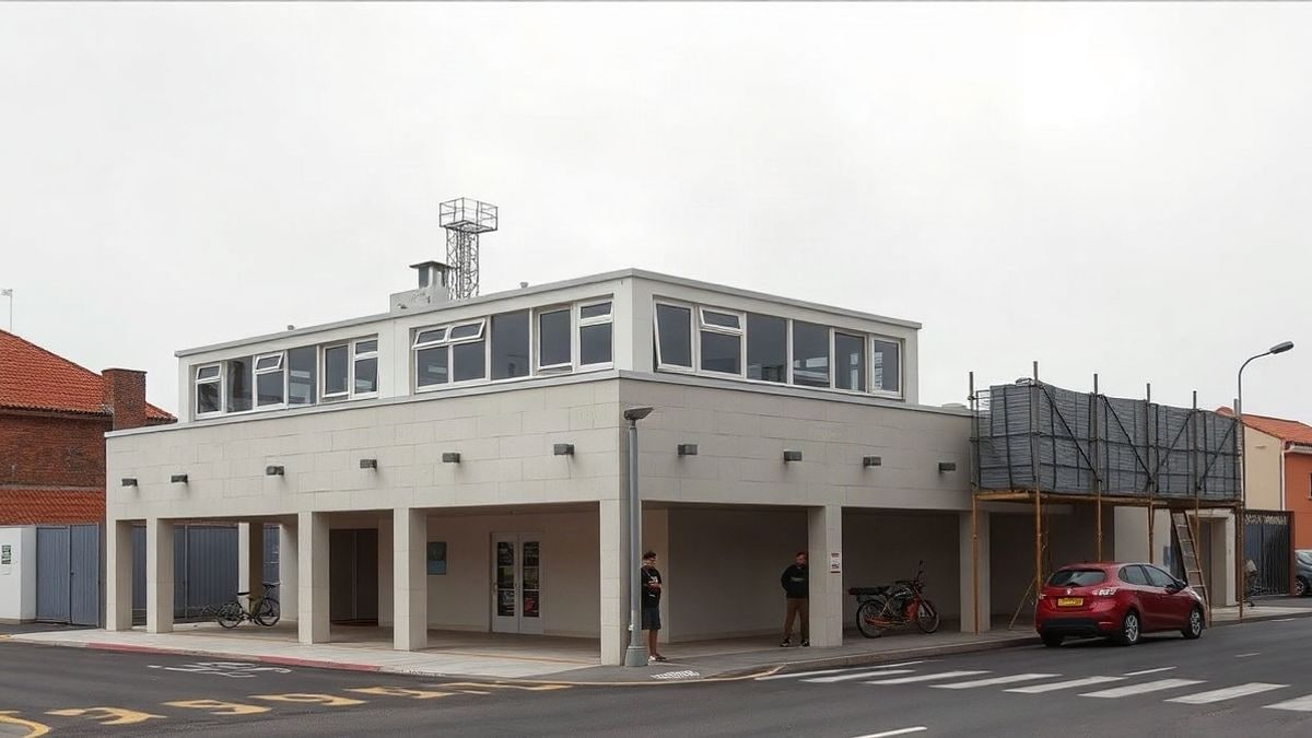 Imagen ilustrativa: edificio deportivo con paneles solares y andamios en obras de rehabilitación.