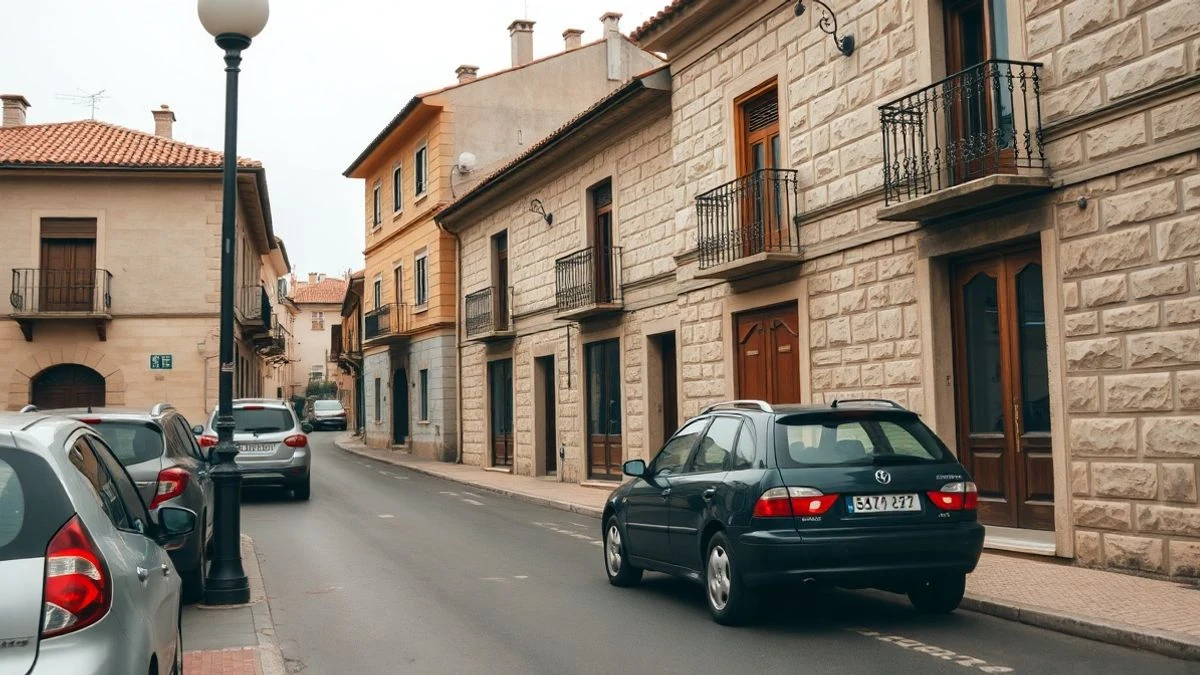 Imagen ilustrativa: calle vacía de un pueblo español con casas de piedra y detalles de madera, luz de día nublado, ambiente rural y tranquilo.