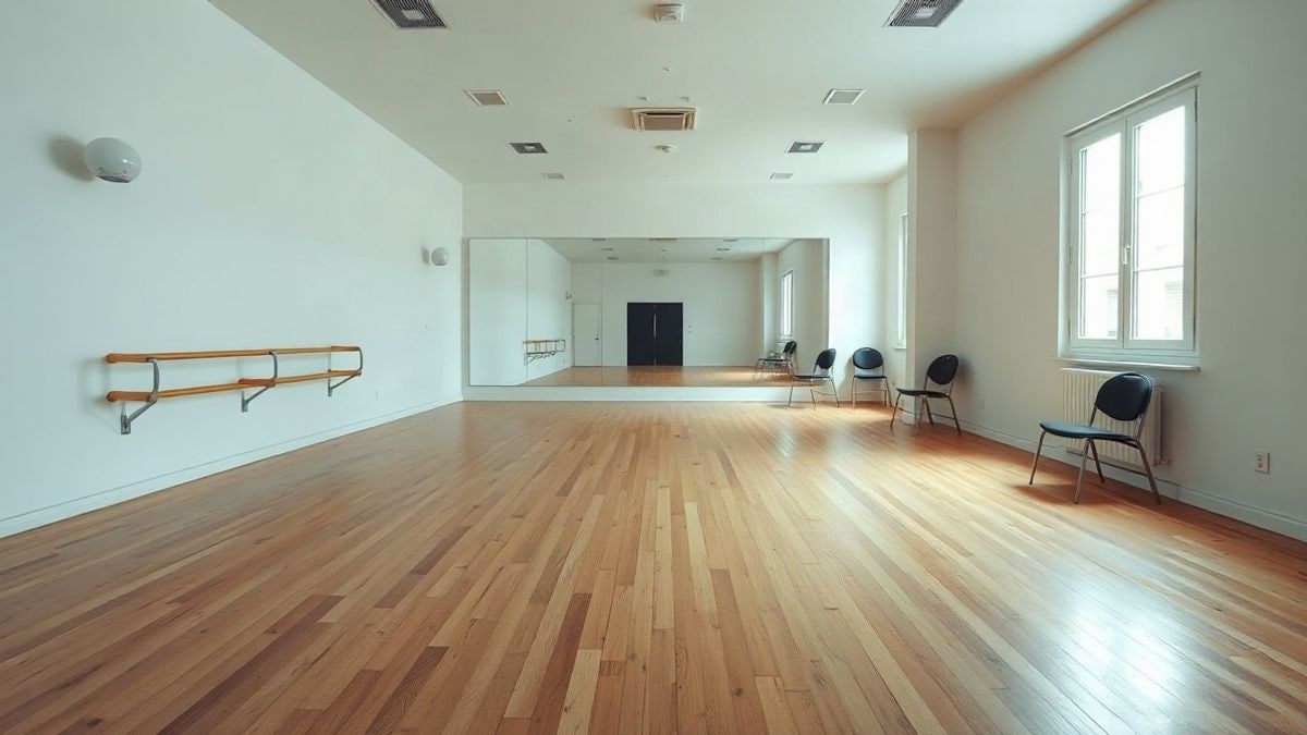 Imagen ilustrativa: una sala de danza vacía con espejos y barra, iluminada por luz natural de una ventana.