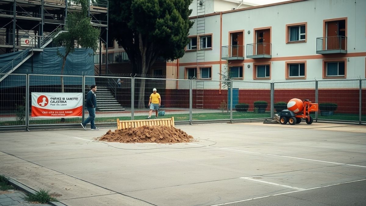 Imagen ilustrativa: obras de mejora en un patio escolar con andamios y materiales de construcción en un día nublado.