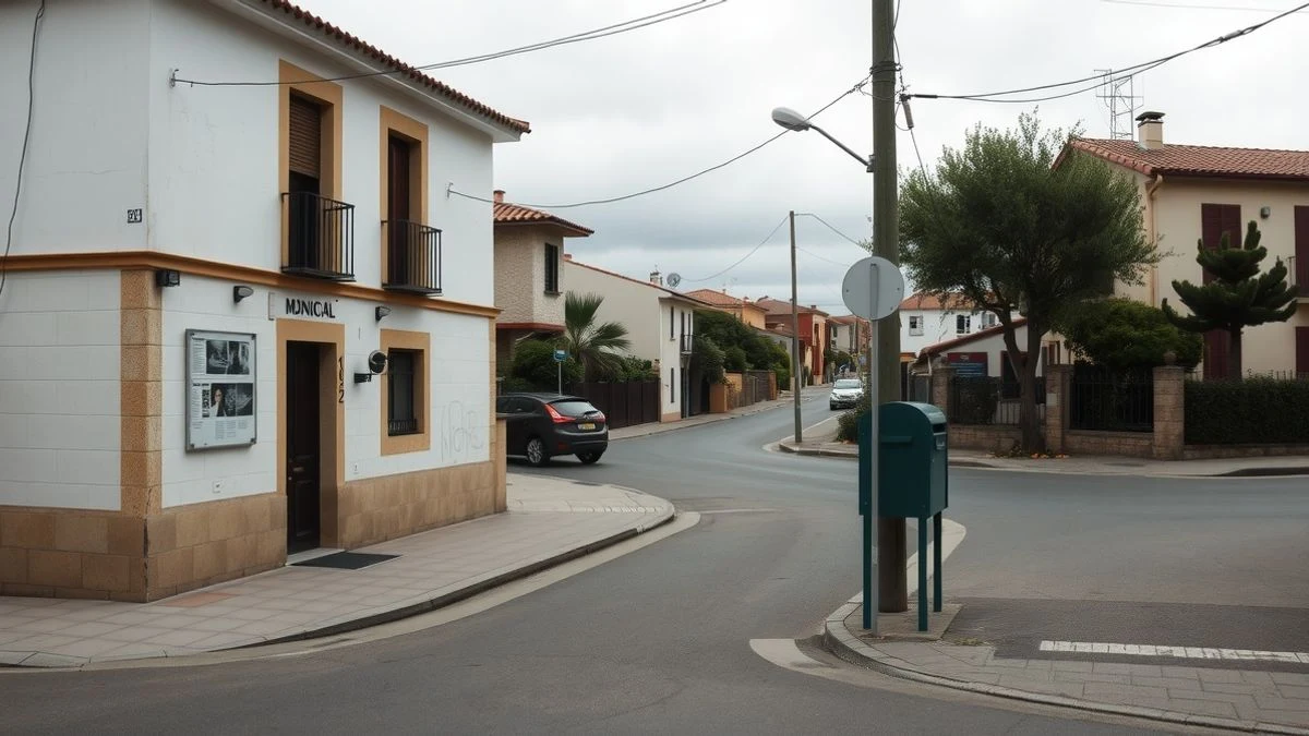 Imagen ilustrativa: fachada de un edificio municipal en un pueblo español con un tablón de anuncios