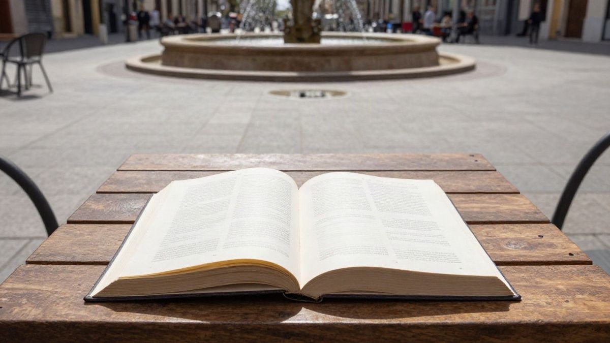 Imagen ilustrativa: un libro de poesía abierto sobre una mesa en una plaza con una fuente al fondo