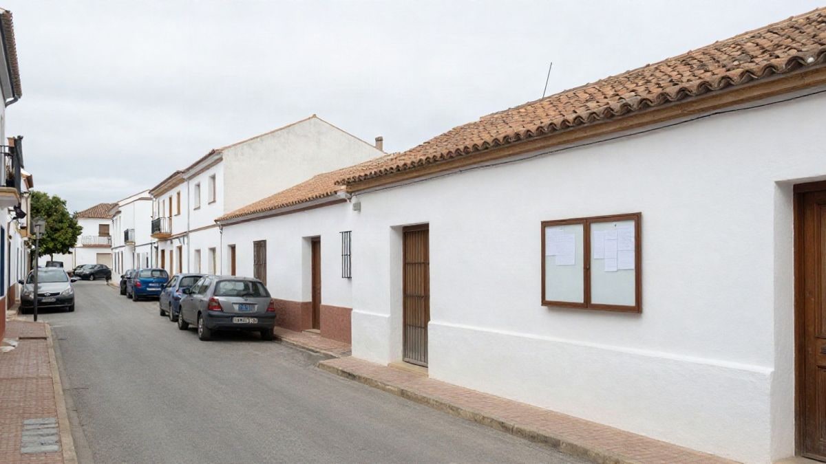 Illustrative image: residential street in a Spanish municipality with a notice board on the wall