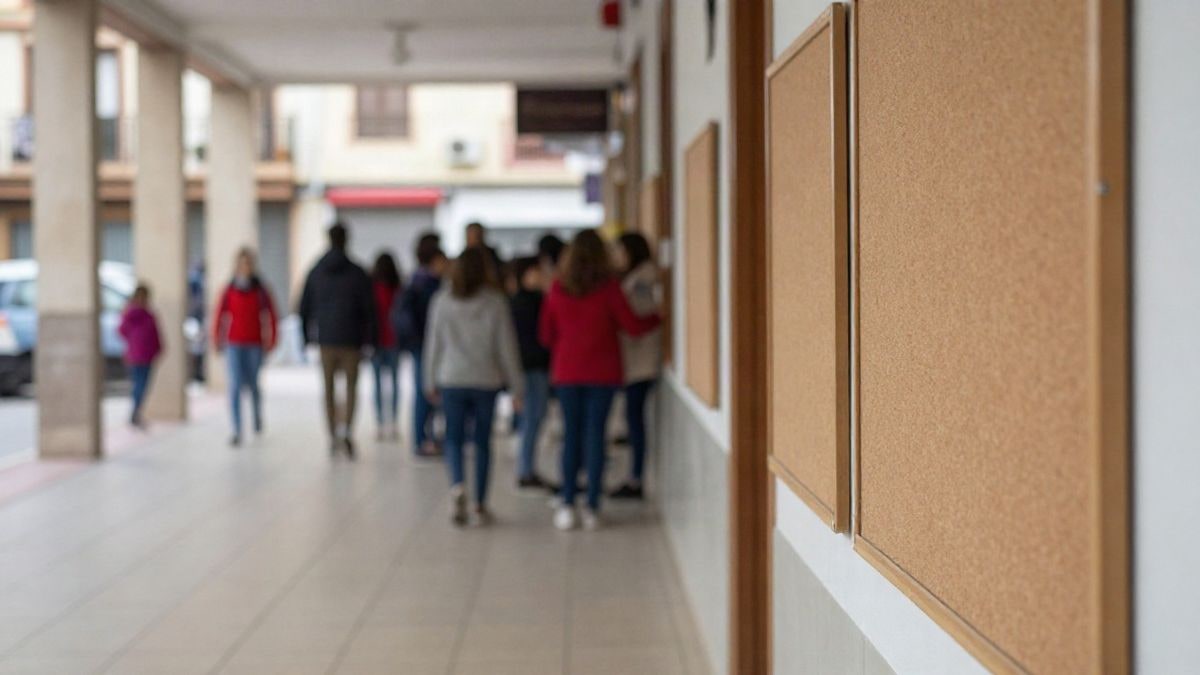 Imagen ilustrativa: mochilas infantiles colgadas en el pasillo de un colegio, junto a un tablón de anuncios