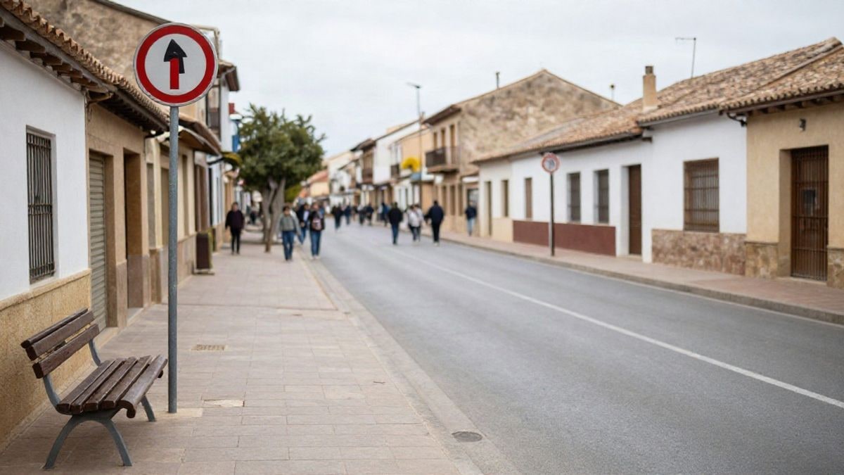Imagen ilustrativa: una calle residencial española con una parada de autobús vacía y un banco en la acera