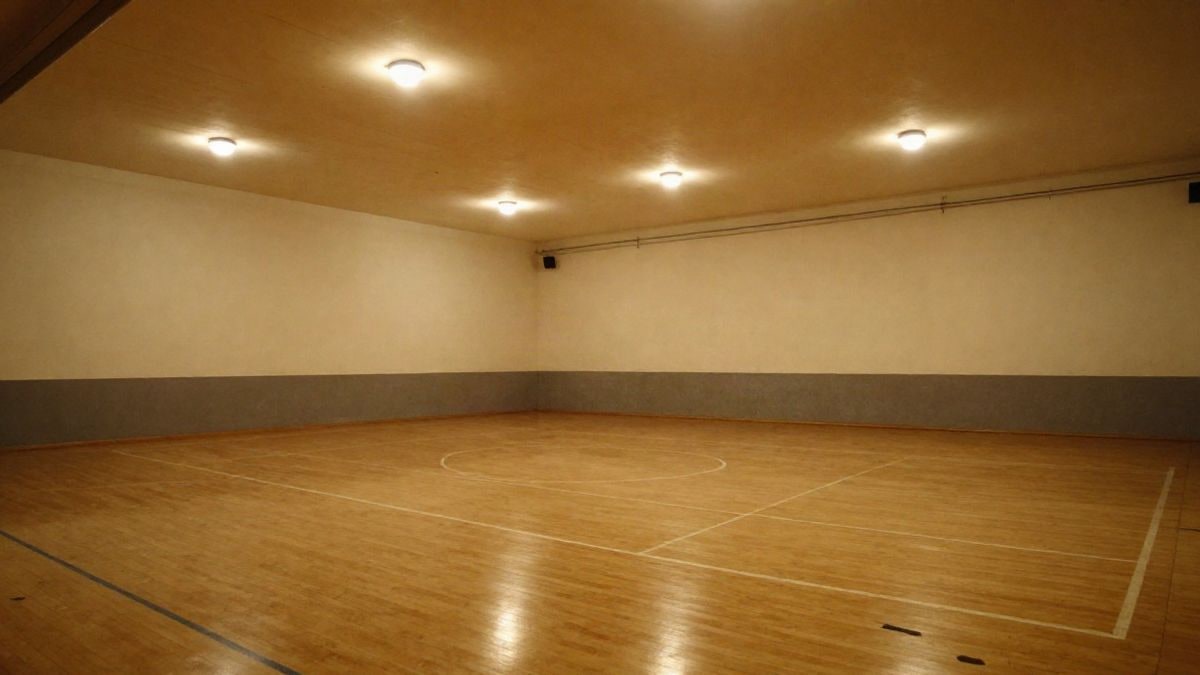 Imagen ilustrativa: interior de una sala deportiva vacía con suelo de madera y luz artificial