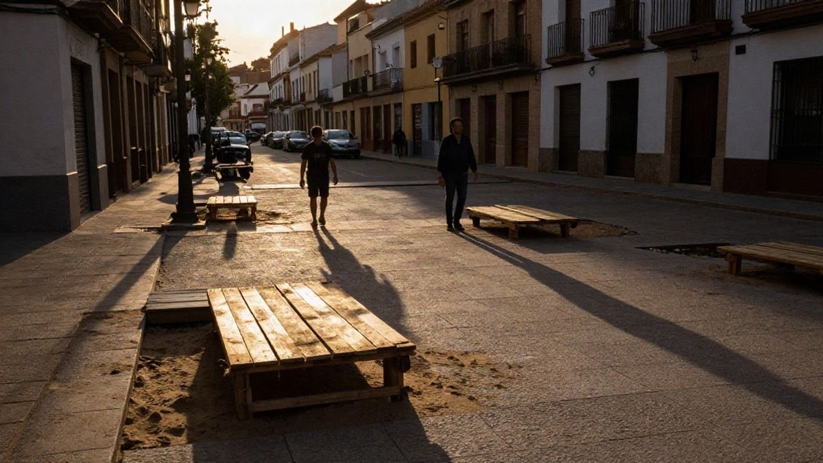 Imagen ilustrativa: plaza portátil de pueblo con tendidos de madera vacíos al atardecer