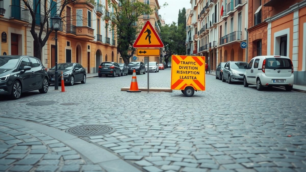 Illustrative image: cobbled square with detour sign and parked cars, cloudy sky in the background