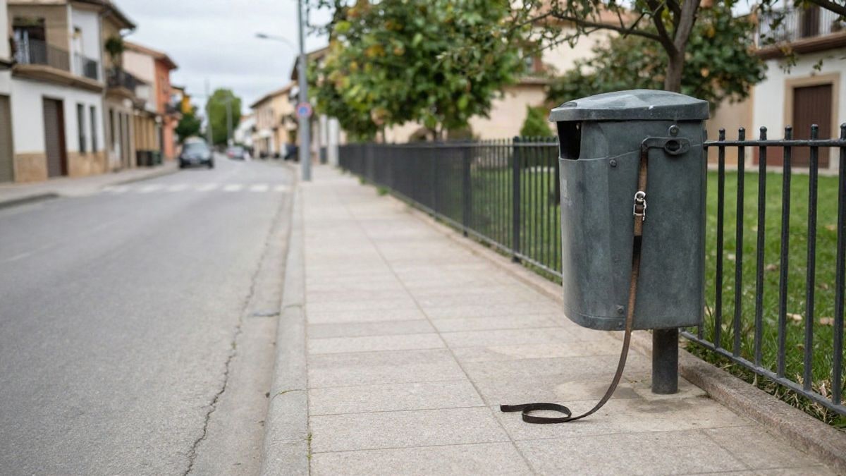 Imagen ilustrativa: acera de un municipio con una papelera y una correa de perro colgada en una valla