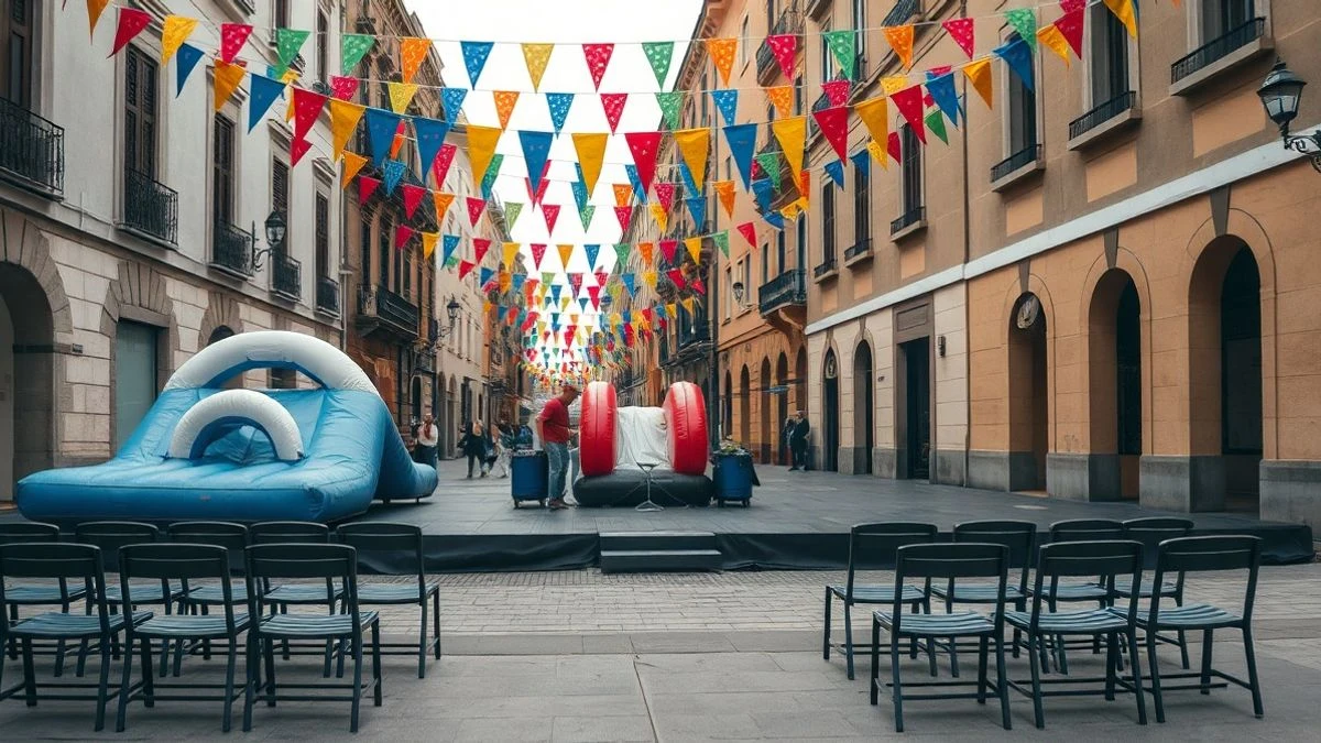 Imagen ilustrativa: plaza española engalanada con banderines y un escenario con pruebas de feria, sin personas.