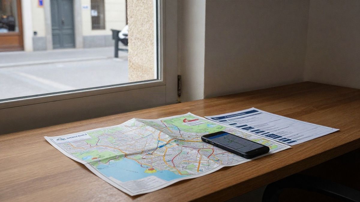 Illustrative image: tourism office counter with a map and an accessible route guide on the table